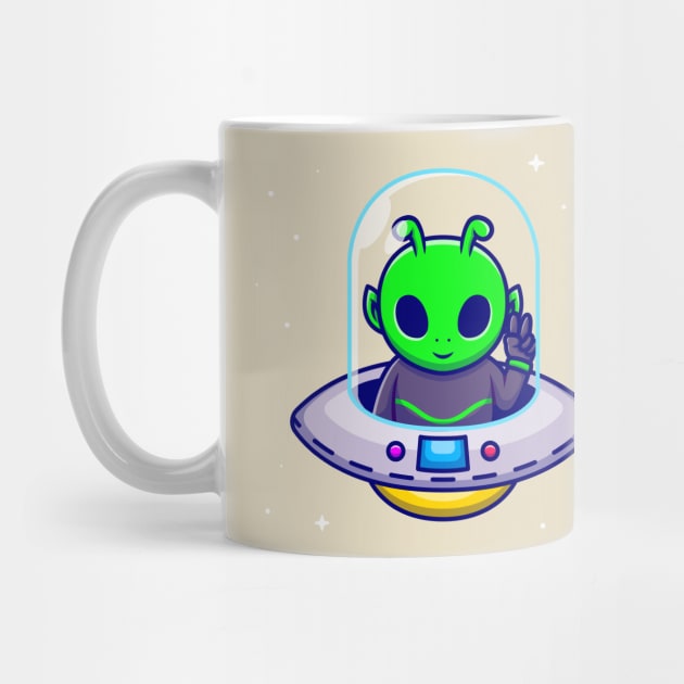 Cute Alien With Peace Hand In Spaceship UFO Cartoon by Catalyst Labs